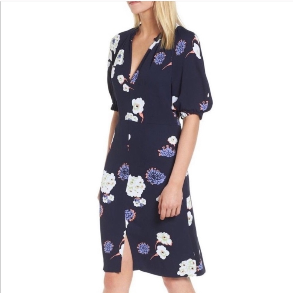 NWOT Lewit Navy Blue Floral Dress Puff Sleeves